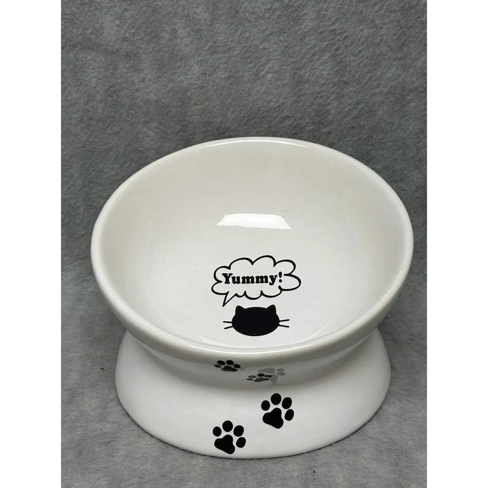 Unbranded Elevated Ceramic Pet Bowl White Tilted Cat Feeder Paw Prints Yummy